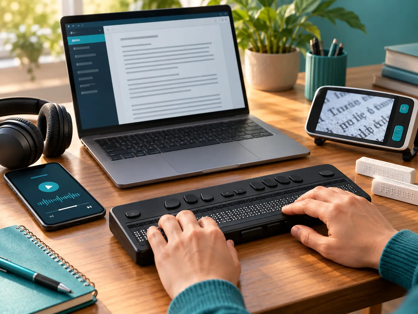 Hands use a refreshable Braille display beside a laptop, smartphone, headphones and video magnifier.
