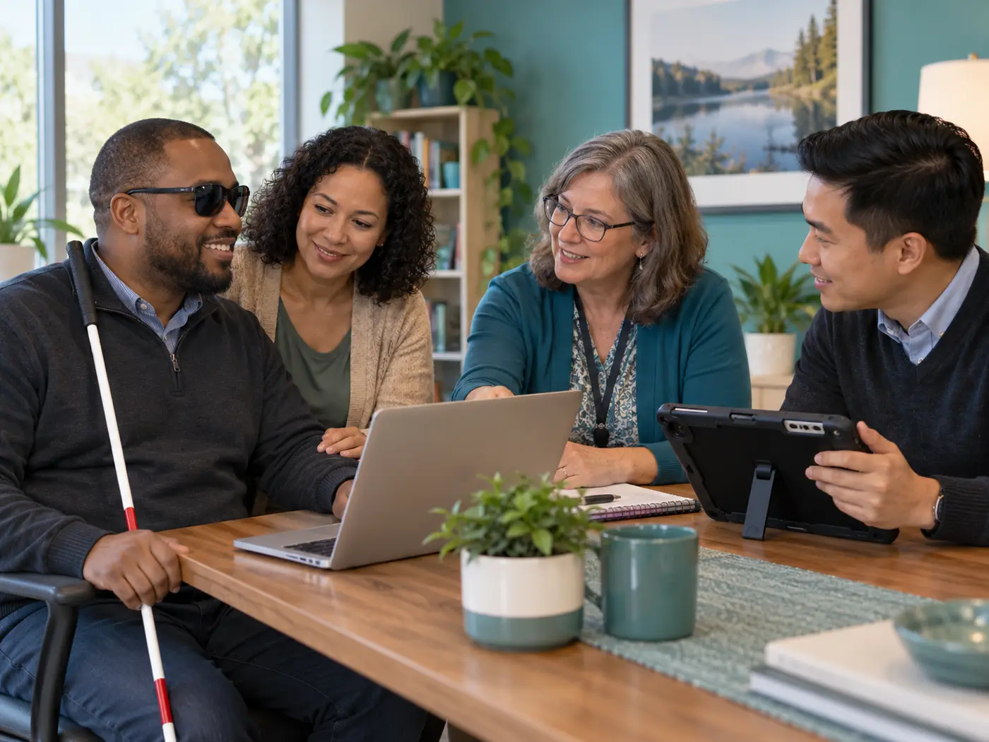 A blind technology user collaborates with organizational professionals around a laptop and accessible tablet.